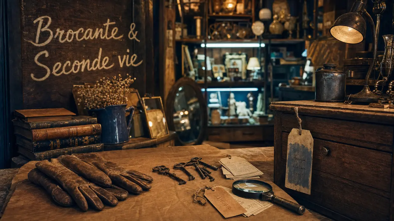 Brocanteurs : clés et loupe sur objets en boutique de brocante