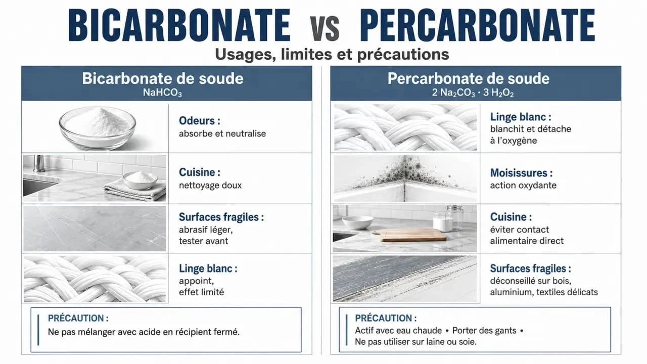 Infographie comparative percarbonate de soude et bicarbonate de soude pour distinguer leurs usages et précautions