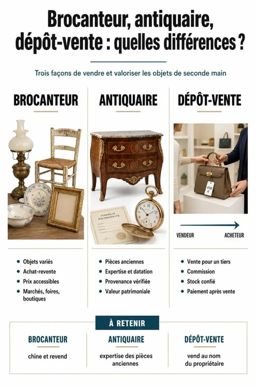 Infographie comparative des métiers de brocanteur, antiquaire et dépôt-vente pour mieux comprendre leurs différences