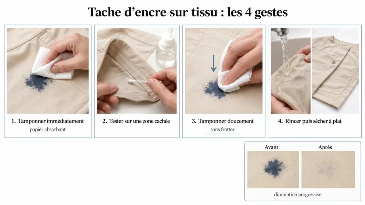Tutoriel visuel pour enlever une tache d encre sur tissu avec étapes rapides et avant/après
