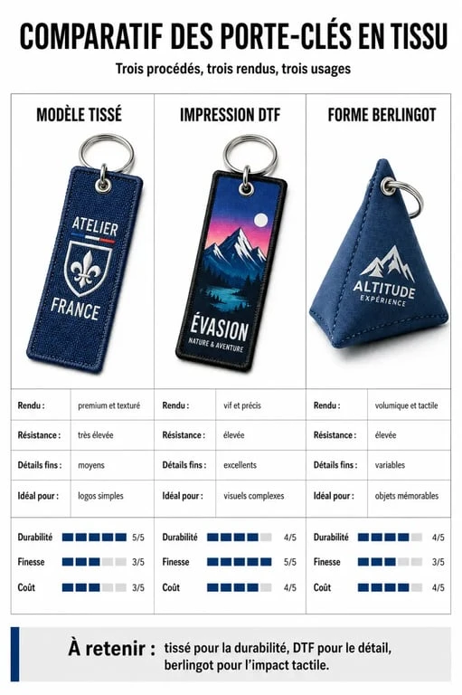 Comparatif des types de porte-clés en tissu : tissé, impression DTF et berlingot pour choisir le modèle idéal.