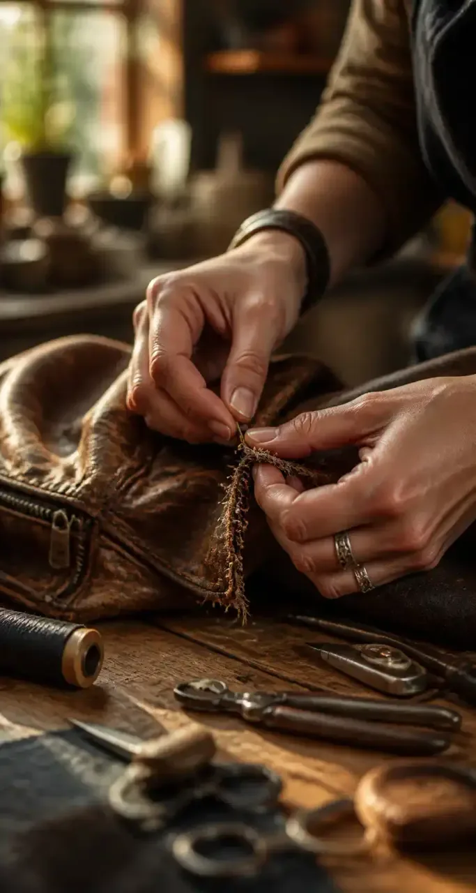 Mains d'une artisane transformant une veste par upcycling