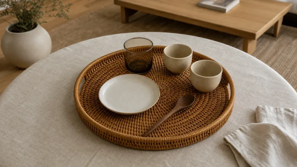 Plateau rotin miel sur table en lin, vue de dessus