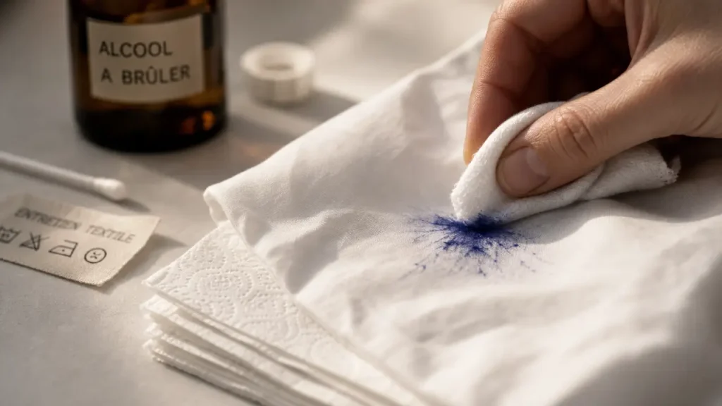 Tache d encre sur tissu : main tamponne une encre bleue avant fixation