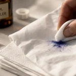 Tache d encre sur tissu : main tamponne une encre bleue avant fixation