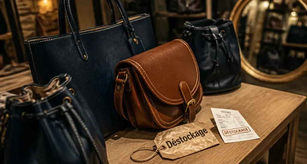 Destockage sac à main de luxe : sacs en cuir sur table