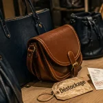 Destockage sac à main de luxe : sacs en cuir sur table