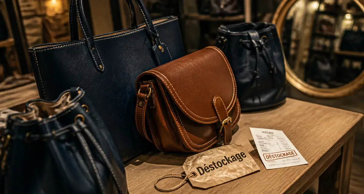 Destockage sac à main de luxe : sacs en cuir sur table