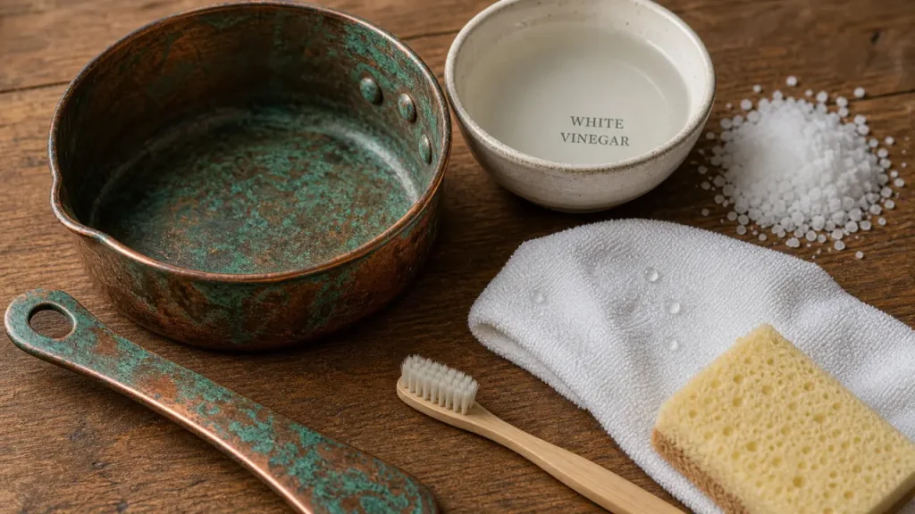 Enlever vert de gris sur cuivre avec vinaigre et sel, tache verte sur métal