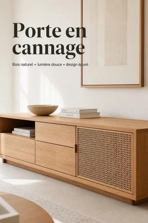 Porte rotin intégrée à un buffet dans un salon lumineux au style naturel