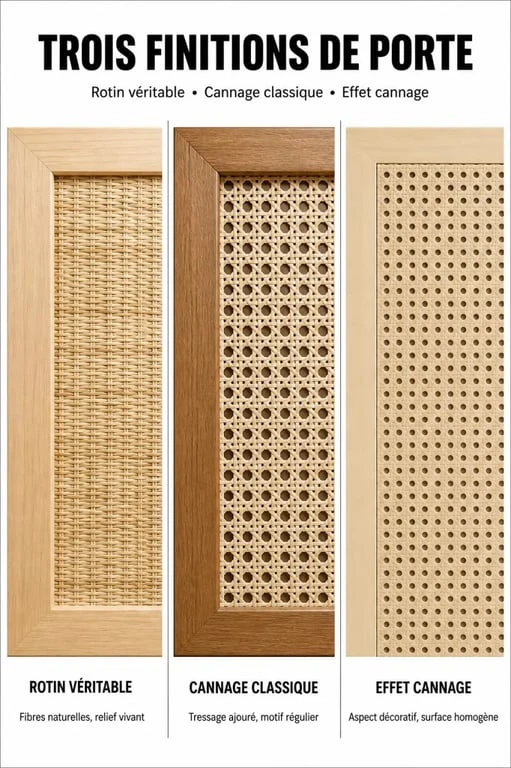 Porte rotin comparant rotin, cannage et effet cannage dans un visuel éditorial