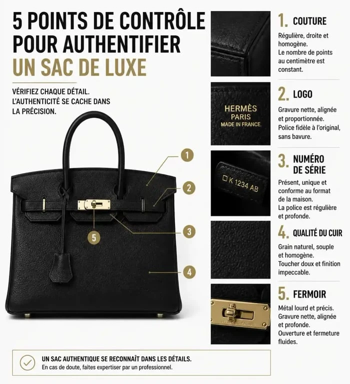 Infographie des points de contrôle pour l'achat d'un sac de luxe occasion certifié