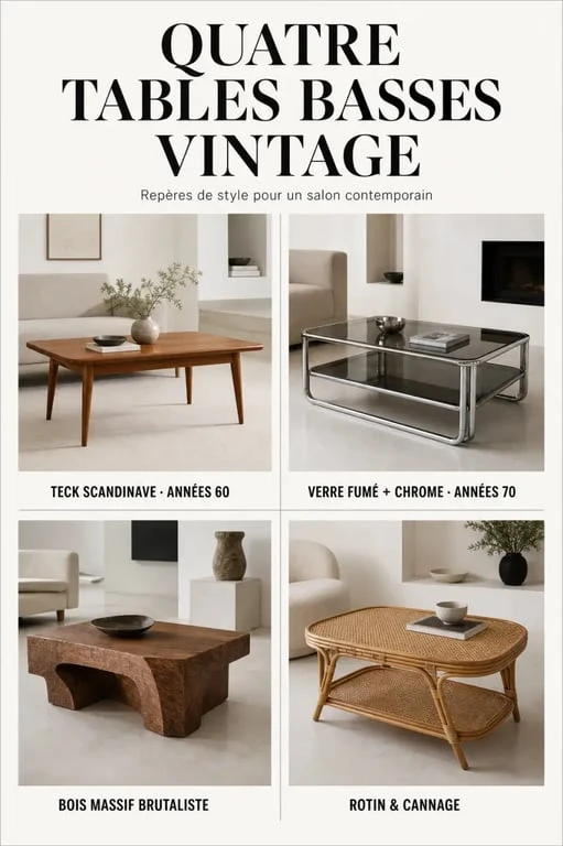 Table basse vintage présentée en plusieurs styles : scandinave, années 70, brutaliste et rotin