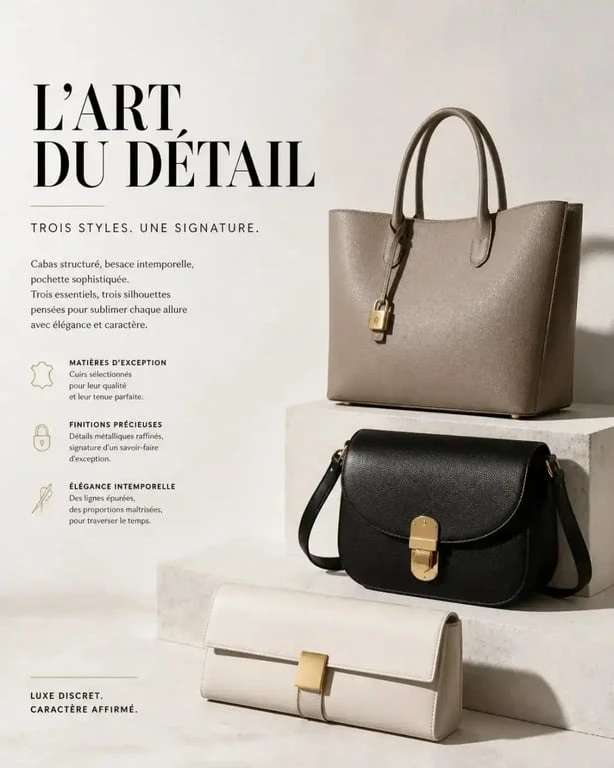Sélection de sacs à main de luxe issus d'un déstockage, présentant différents styles et finitions de qualité.