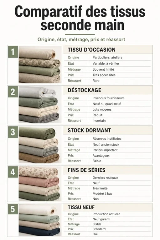 Comparatif des tissus seconde main : d'occasion, déstockage, stock dormant, fins de séries et tissu neuf
