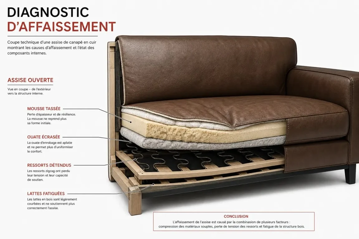 Refaire l'assise d'un canapé en cuir : diagnostic des couches internes de l'assise avec mousse, ouate, lattes et ressorts