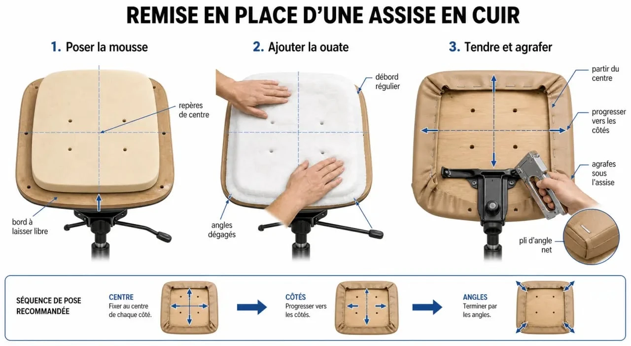Refaire l'assise d'un canapé en cuir : pose et tension progressive du cuir pendant la rénovation de l'assise