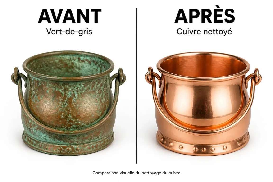 Enlever vert de gris sur cuivre : avant et après nettoyage d’un objet en cuivre