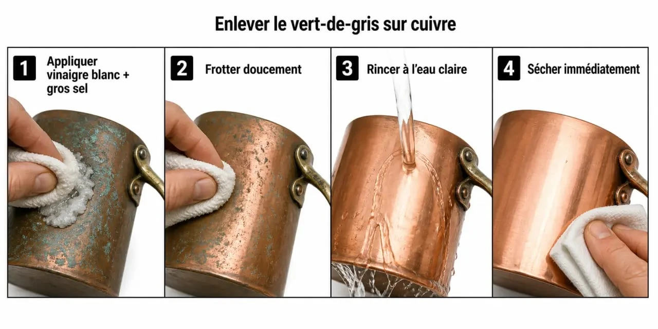 Enlever vert de gris sur cuivre : méthode pas à pas avec vinaigre, sel, rinçage et séchage