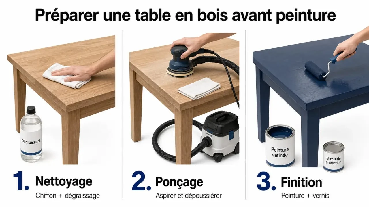 Peindre une table bois étape par étape : nettoyage, ponçage et finition protectrice