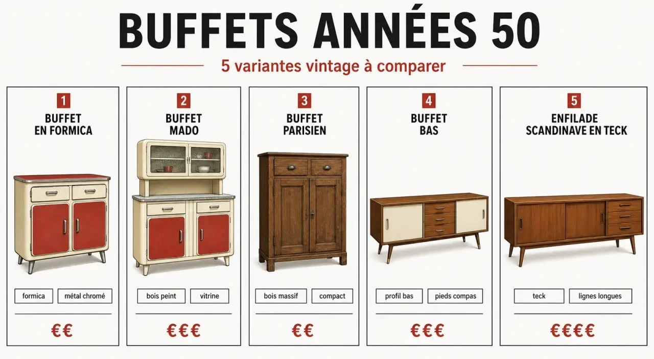 Buffet année 50 : comparaison visuelle des principaux styles vintage et de leurs prix