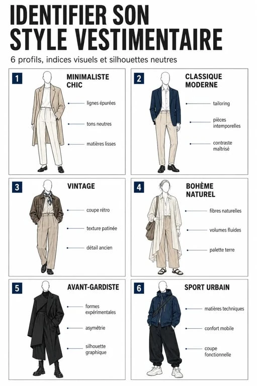 Illustration éditoriale pour quel est mon style vestimentaire avec six profils de style vestimentaire comparés