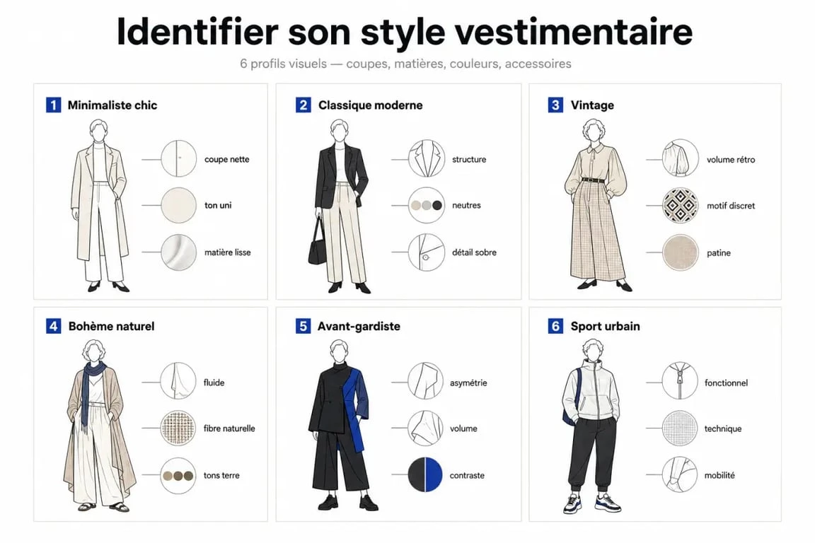 Illustration éditoriale pour quel est mon style vestimentaire avec six profils de style vestimentaire comparés