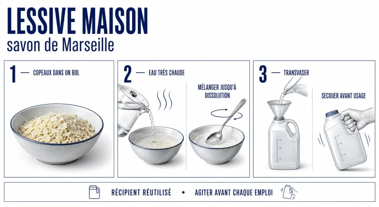 Lessive savon de Marseille : préparation pas à pas d’une lessive maison en bidon réutilisé