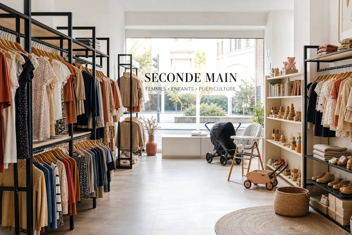 Intérieur de Dressing & Compagnie vêtements de seconde main pour femmes et enfants dans une boutique locale accueillante.