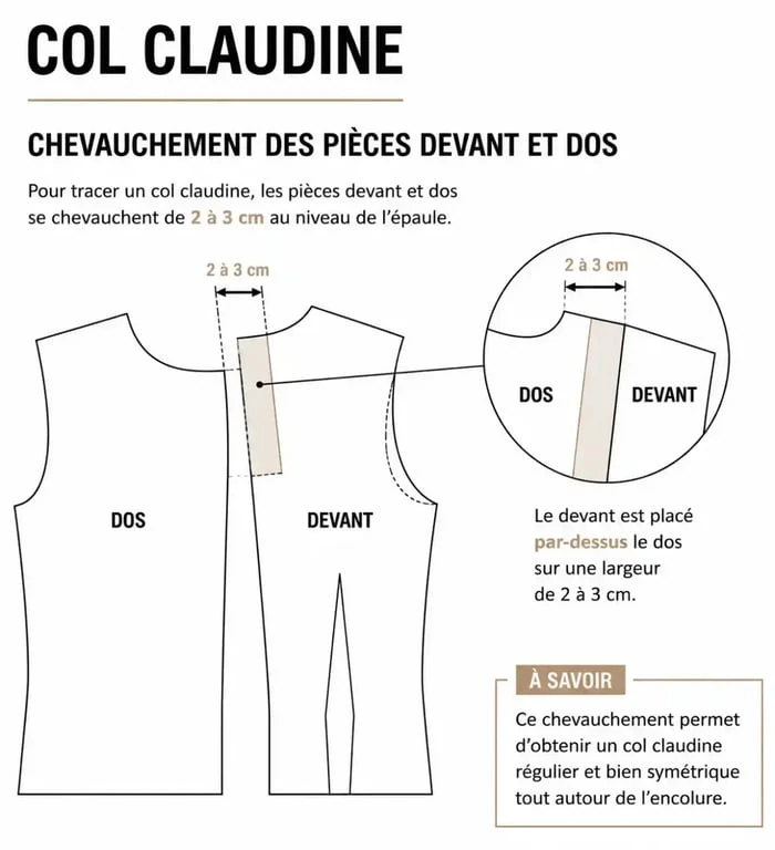 Schéma technique du chevauchement pour patron de col claudine