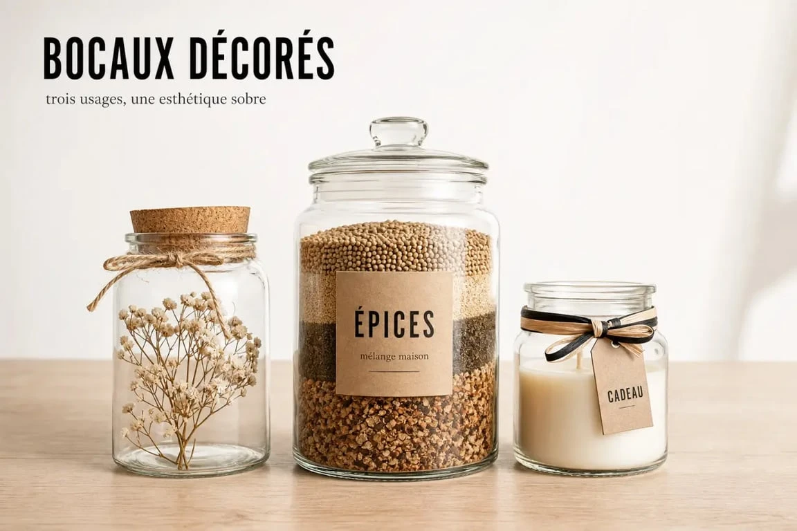 Déco bocaux : trois bocaux en verre décorés en style naturel, cuisine et cadeau