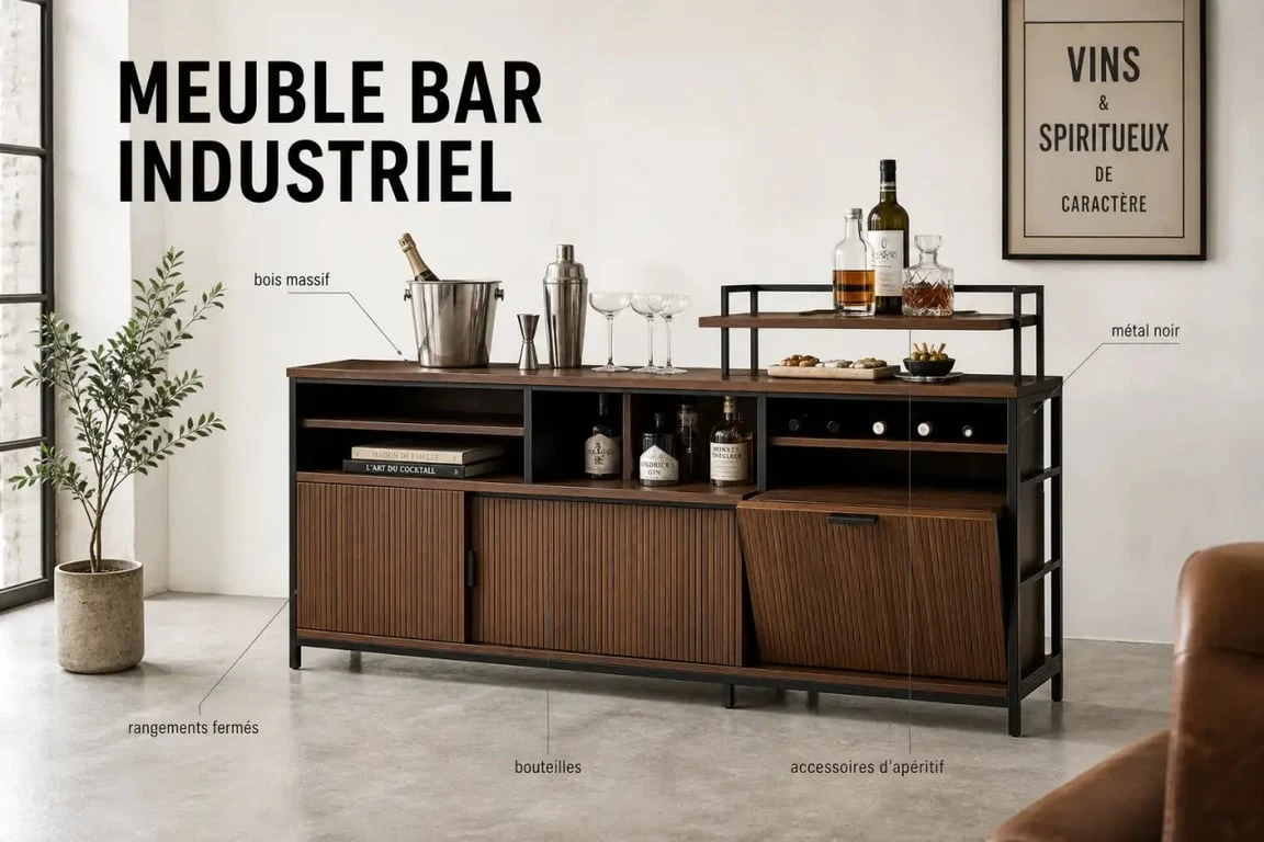 Meuble bar salon en bois et métal dans un décor industriel élégant