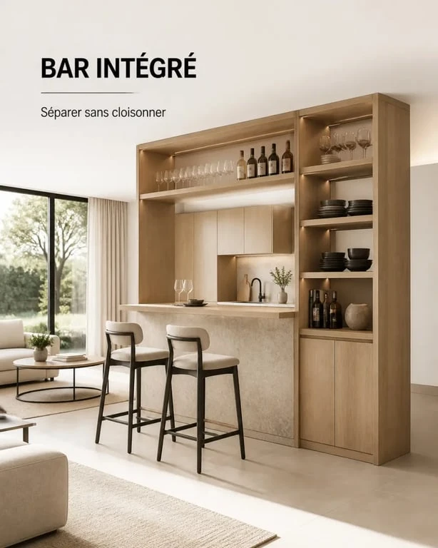 Meuble bar salon dans un intérieur contemporain avec espace convivial et rangement intégré