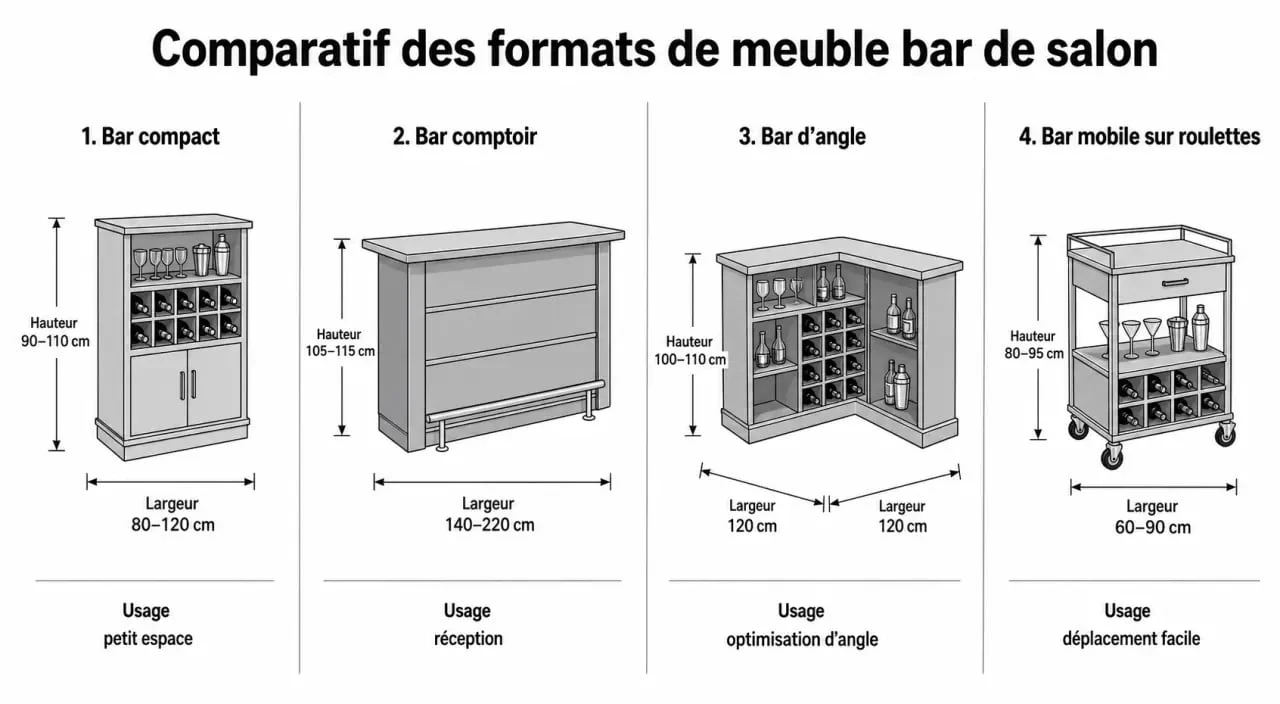 Comparatif des formats de meuble bar salon avec usages et dimensions