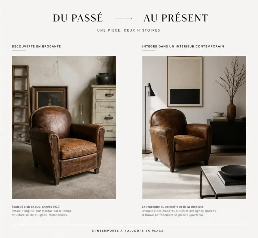 Comment chiner des pièces vintage pour moderniser votre style : diptyque avant/après montrant une pièce vintage intégrée à un look ou un intérieur contemporain