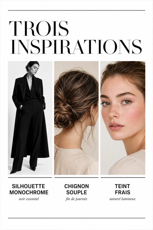 Mode & Beauté : moodboard éditorial de looks monochromes, chignon souple et maquillage naturel