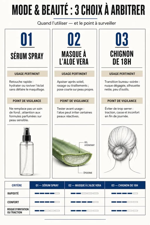 Mode & Beauté : comparaison visuelle des tendances sérum spray, aloe vera et chignon de 18h