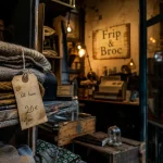 Vitrine frip et broc, friperie-brocante en angle plongée