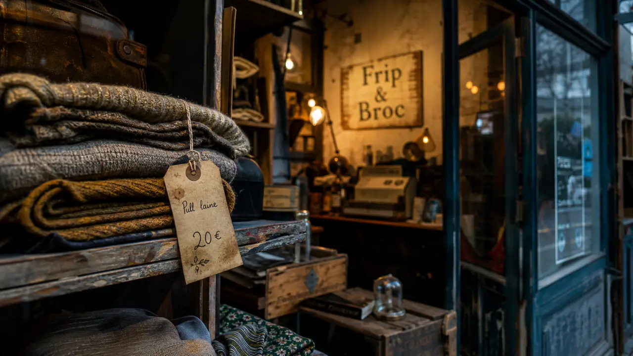 Vitrine frip et broc, friperie-brocante en angle plongée
