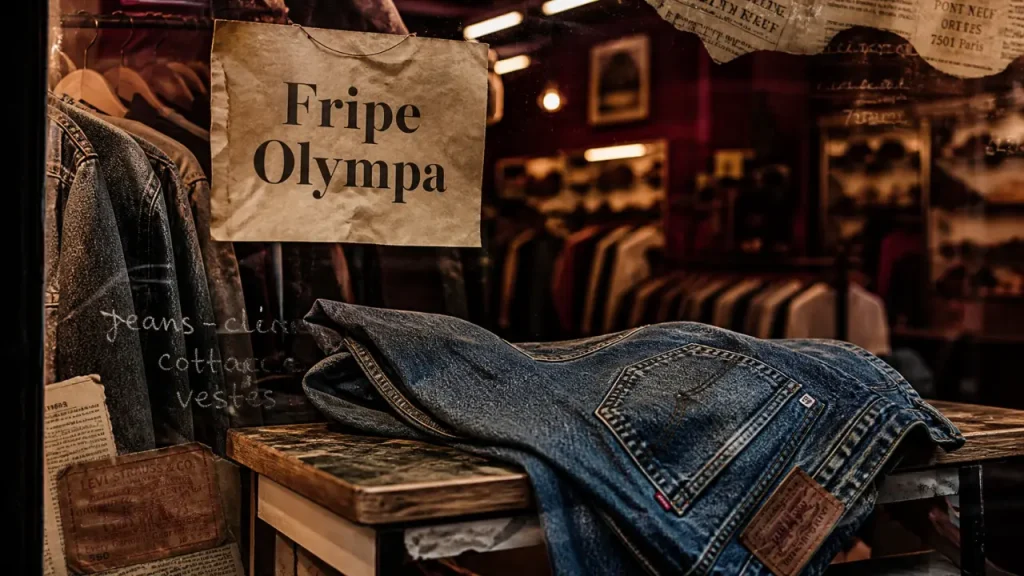 Fripe olympa vintage store à Paris, vitrine en boutique vintage