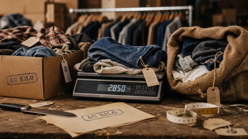 Friperie au kilo en ligne : balance et lot de vêtements triés