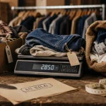 Friperie au kilo en ligne : balance et lot de vêtements triés