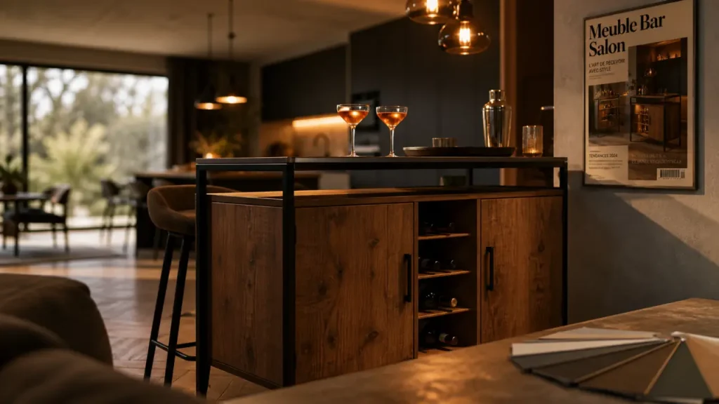 Meuble bar salon en bois et métal, vue intérieur