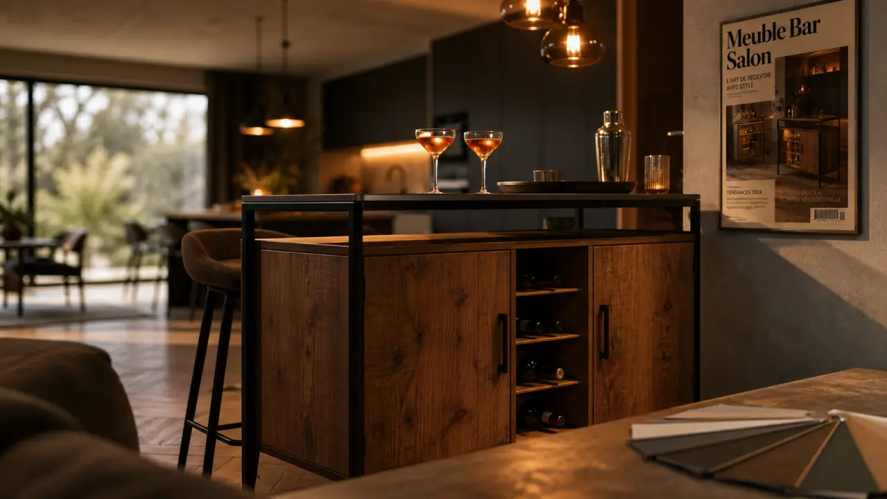 Meuble bar salon en bois et métal, vue intérieur