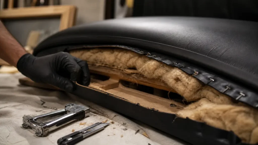 Refaire l'assise d'un canapé en cuir : mousse tassée et agrafes arrachées