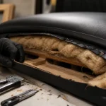 Refaire l'assise d'un canapé en cuir : mousse tassée et agrafes arrachées