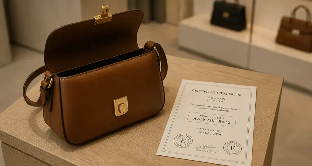 Sac de luxe occasion certifié, certificat et numéro de série visibles