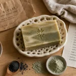 Savon solide corps bio sur porte-savon en céramique, mousse et serviette