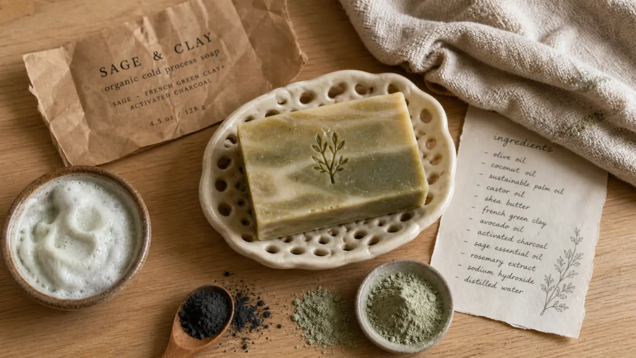 Savon solide corps bio sur porte-savon en céramique, mousse et serviette