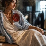 Style vestimentaire 2026 : robe fluide et accessoires forts, broche rouge, mini-bag beige